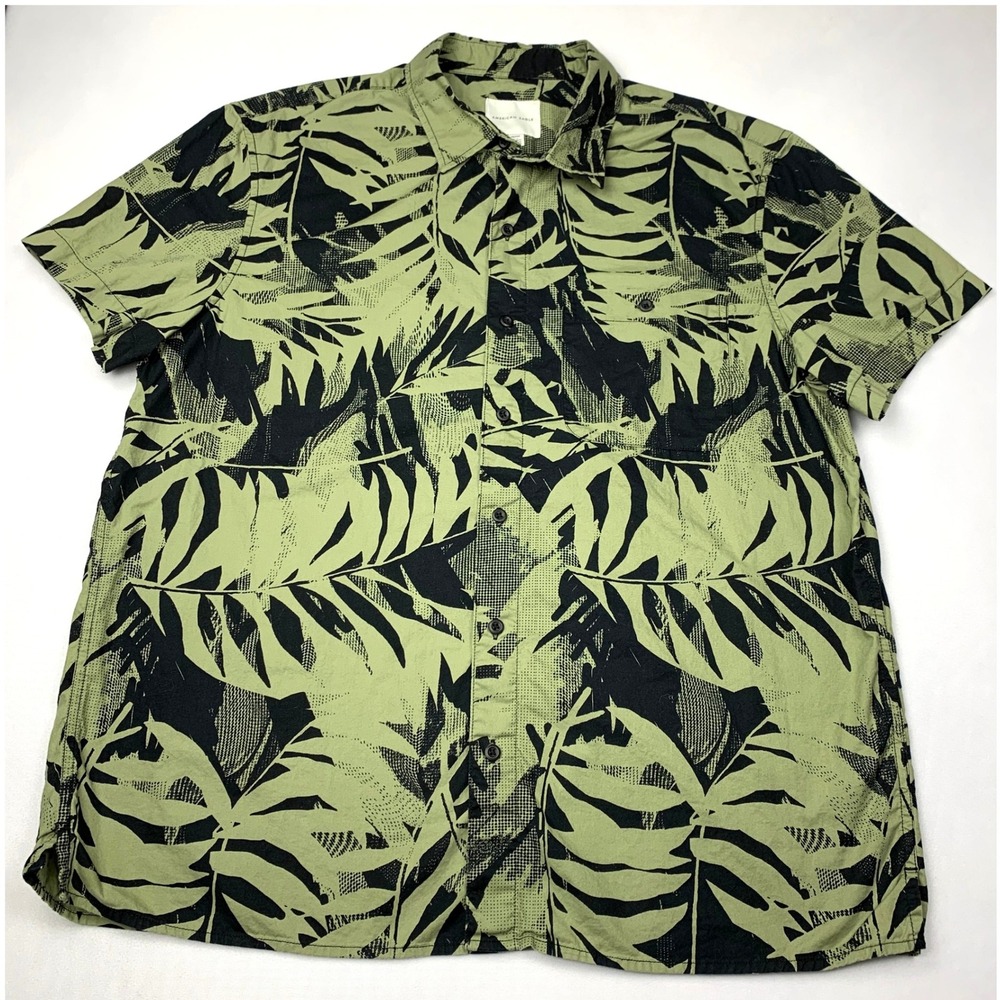 American Eagle Mens XL Tropical Palm Leaf Button Down Shirt Olive Green Black